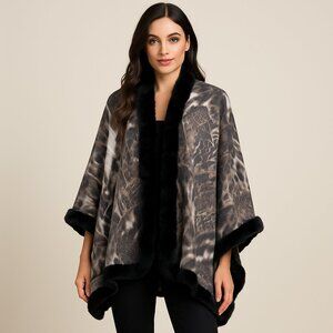 Boutique Chic Faux Fur Trim Animal Lace Wrap – One Size